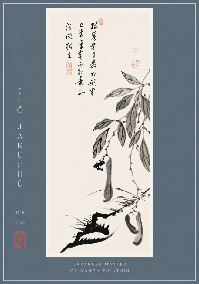 Itō Jakuchū Branch with Pods and Calligraphy No6 - Poster