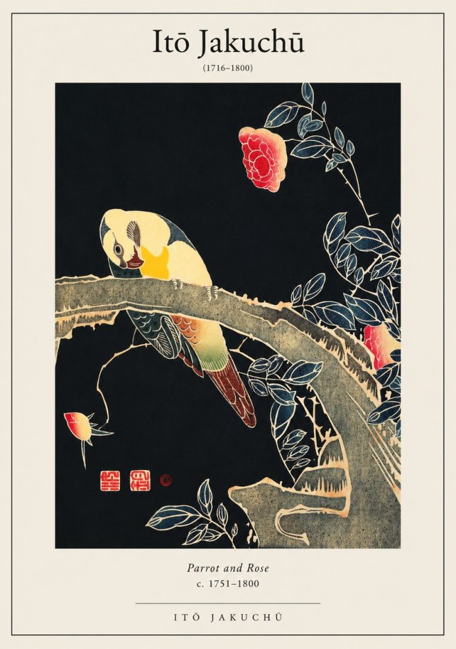 Itō Jakuchū Parrot and Rose No1 - Poster