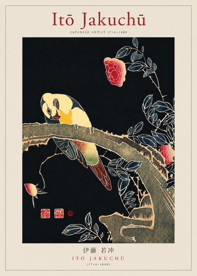 Itō Jakuchū Parrot and Rose No3 - Poster