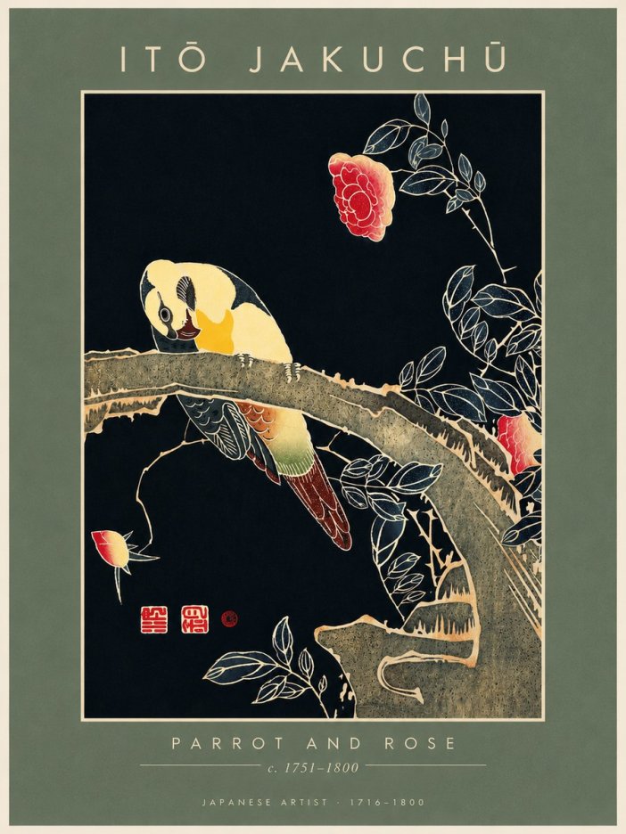 Itō Jakuchū Parrot and Rose No4 - Poster