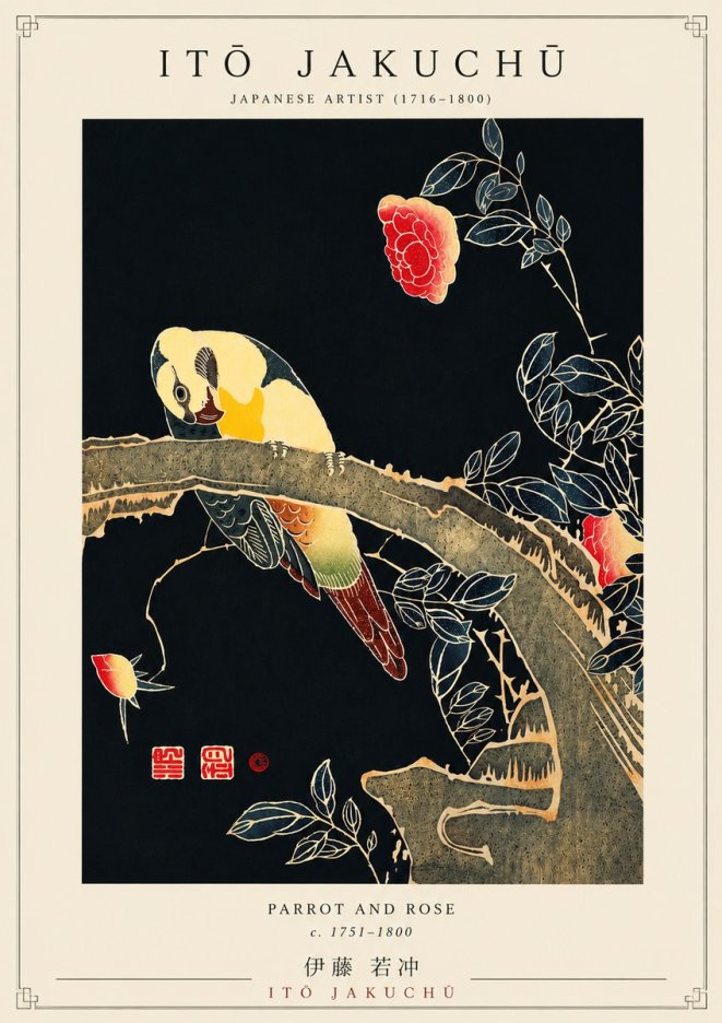 Itō Jakuchū Parrot and Rose No5 - Poster