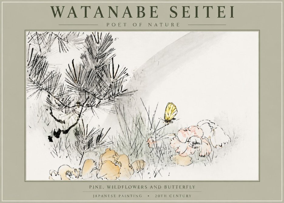 Watanabe Seitei Pine, Wildflowers and Butterfly No5 - Poster