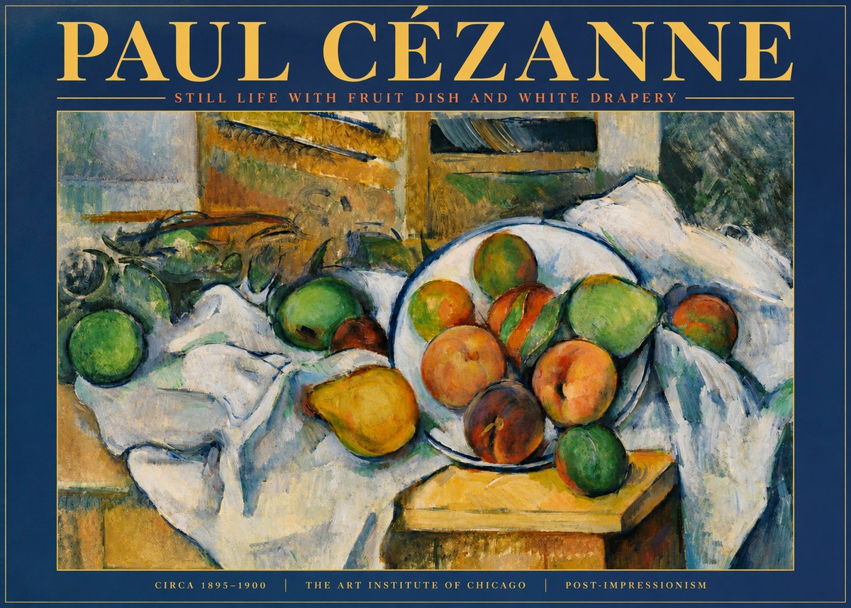 Paul Cézanne Still Life with Fruit Dish and White Drapery No3 - Poster