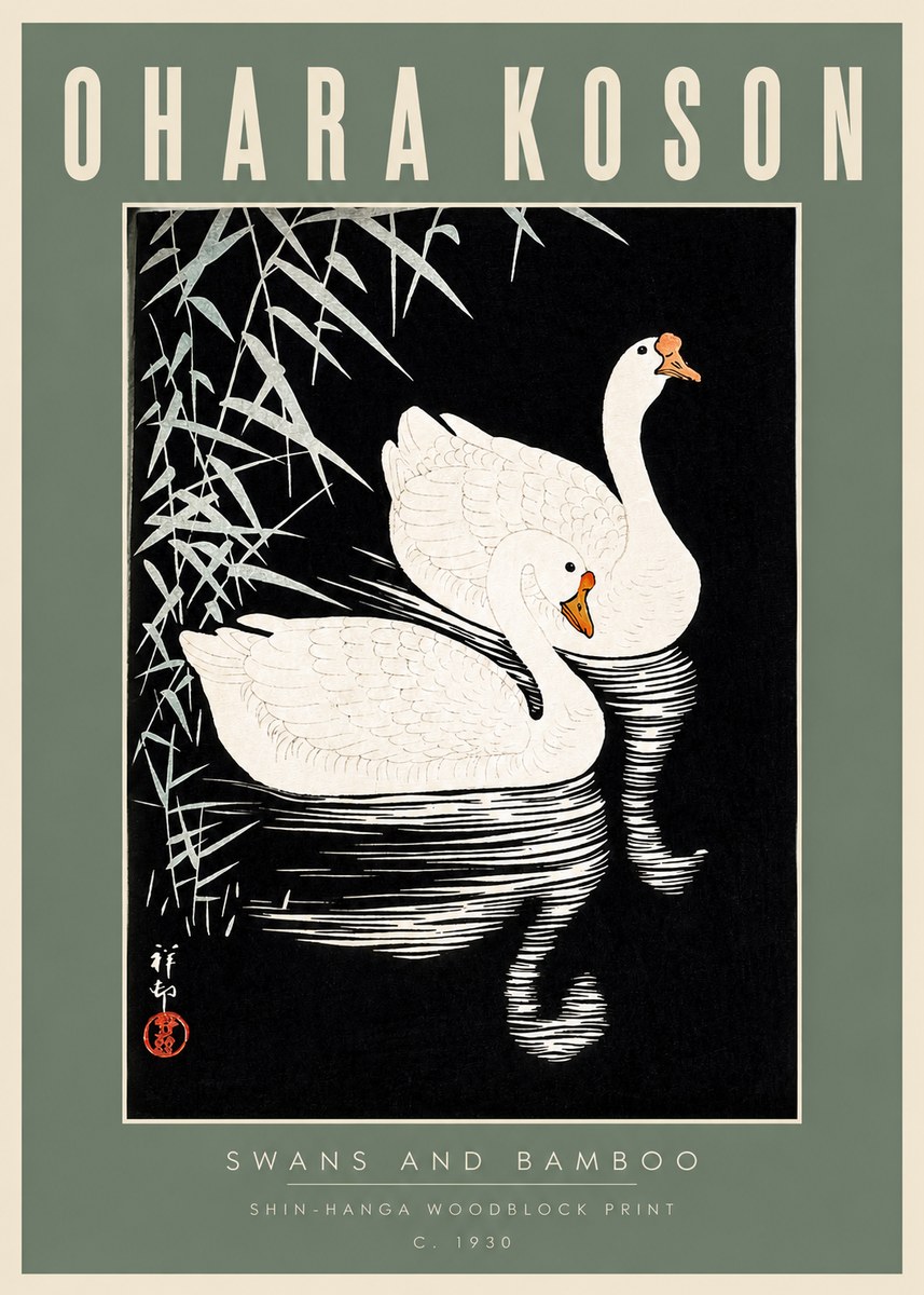 Ohara Koson Swans and Bamboo No2 - Poster
