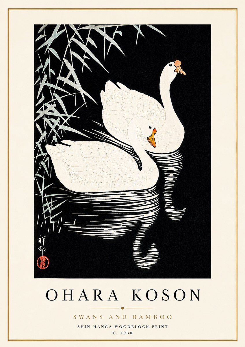 Ohara Koson Swans and Bamboo No5 - Poster