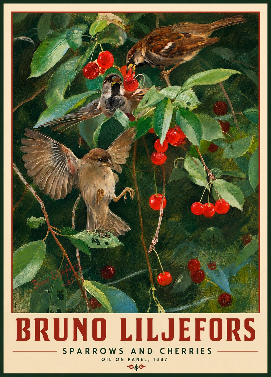 Bruno Liljefors Sparrows and Cherries No2 - Poster