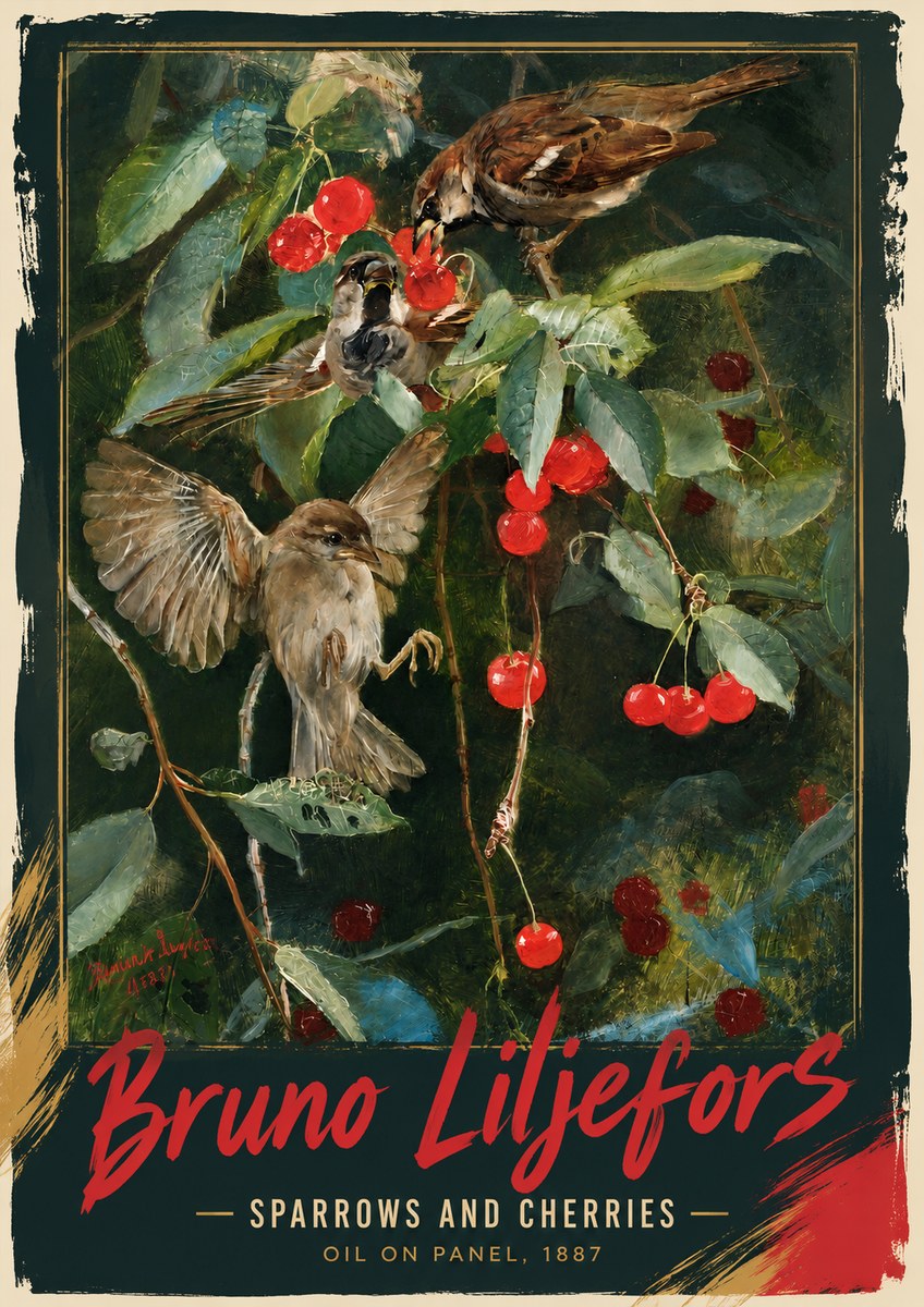 Bruno Liljefors Sparrows and Cherries No3 - Poster