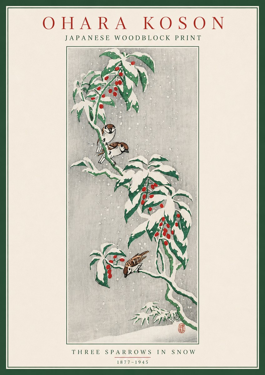 Ohara Koson Three Sparrows in Snow No5 - Poster