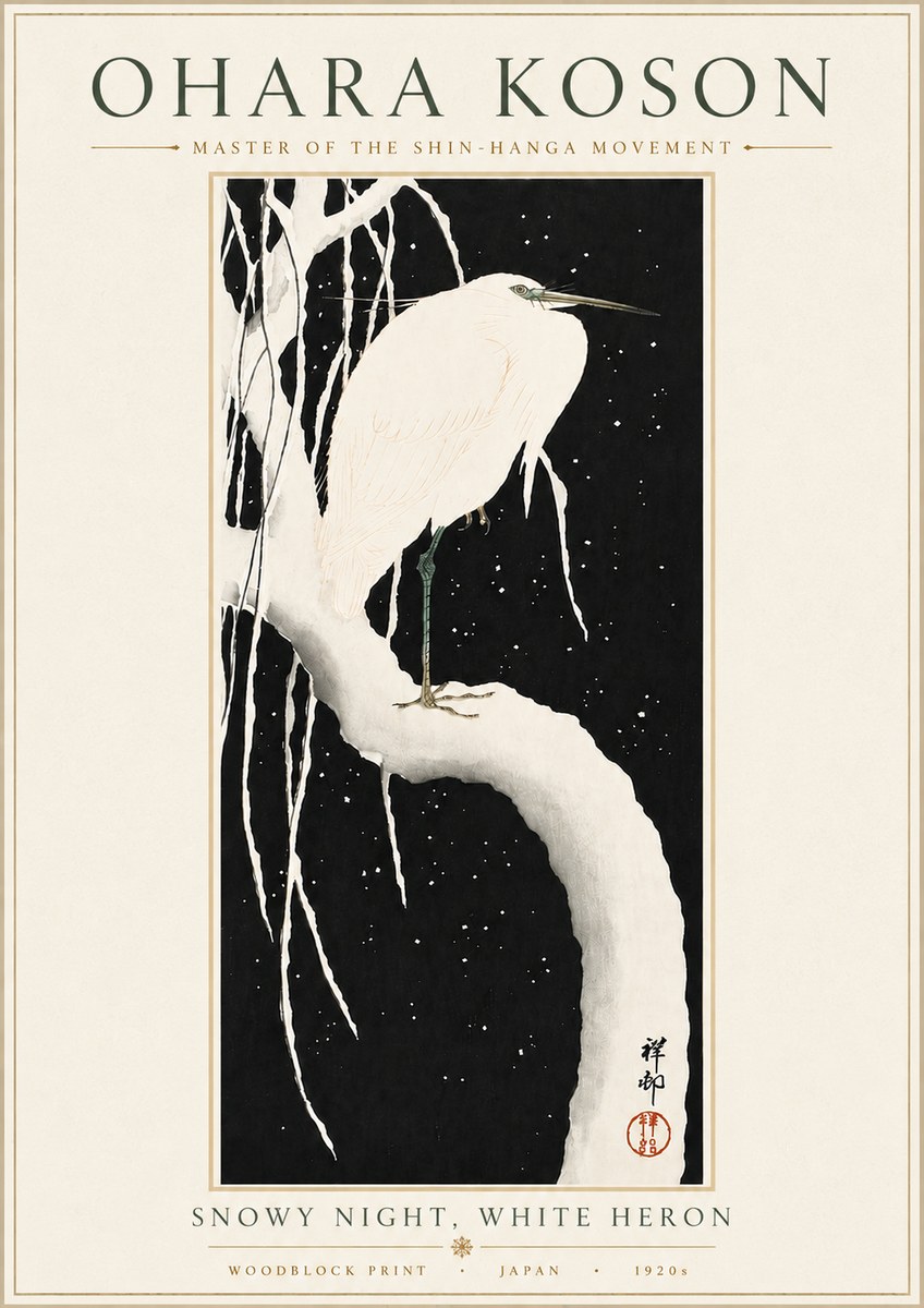 Ohara Koson Snowy Night, White Heron No6 - Poster