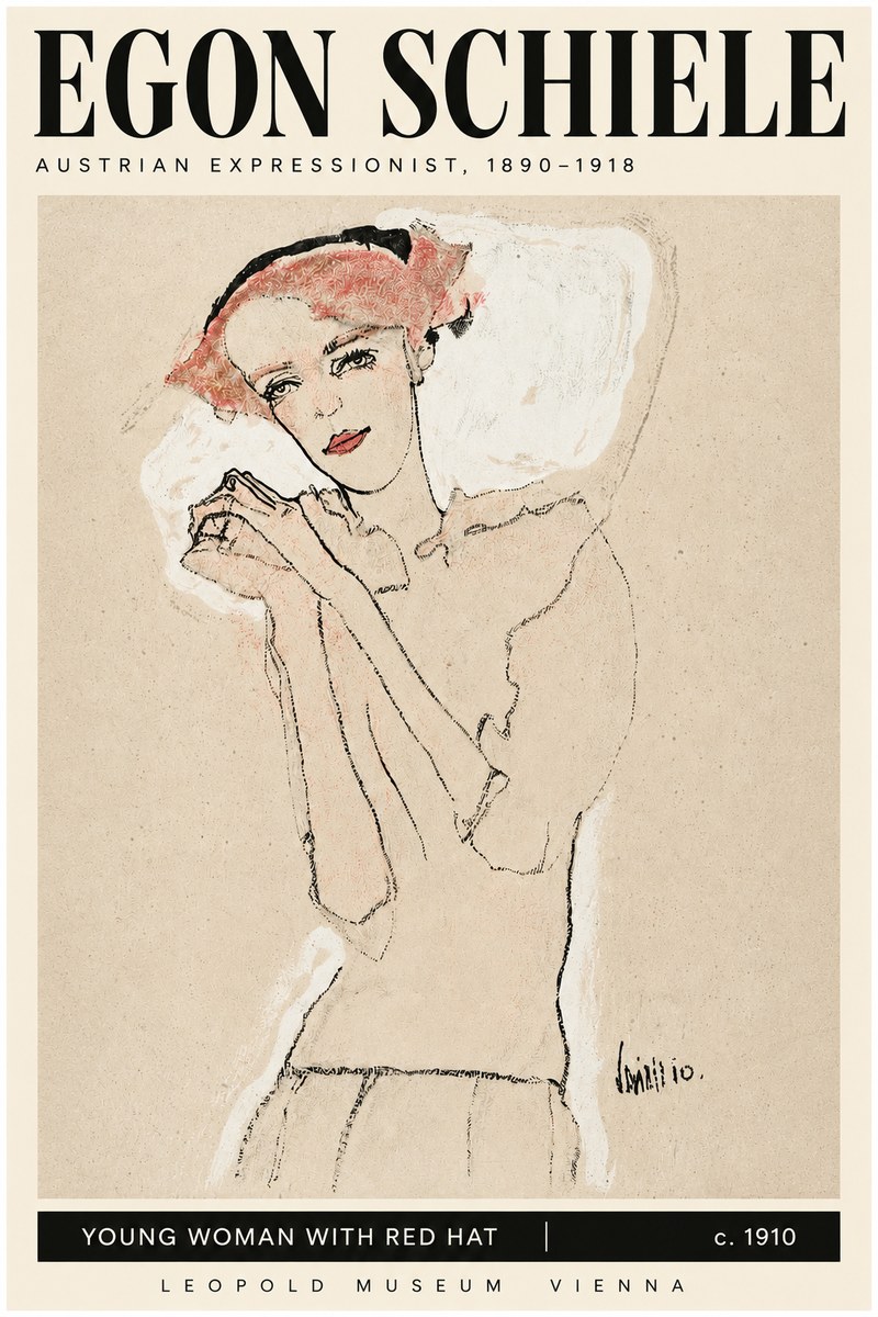 Schiele Young Woman with Red Hat No3 - Poster
