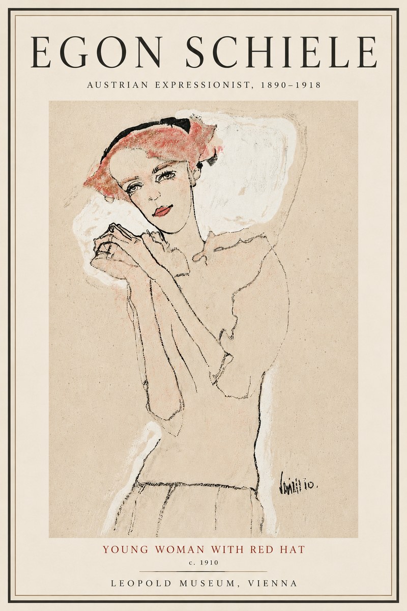 Schiele Young Woman with Red Hat No5 - Poster