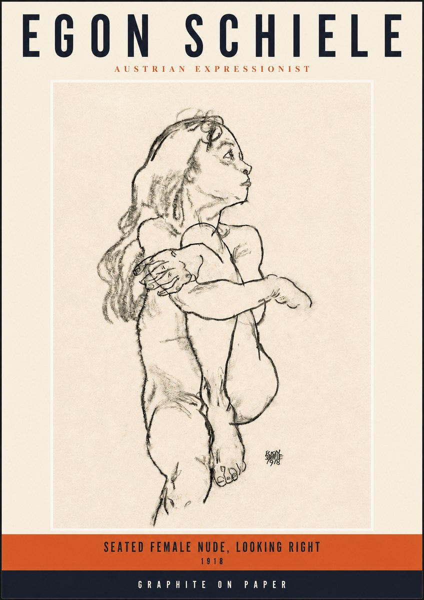 Schiele Seated Female Nude, Looking Right No2 - Poster