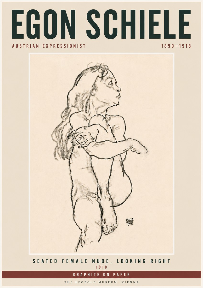 Schiele Seated Female Nude, Looking Right No6 - Poster