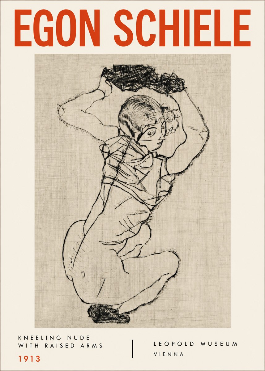 Schiele Kneeling Nude with Raised Arms No4 - Poster