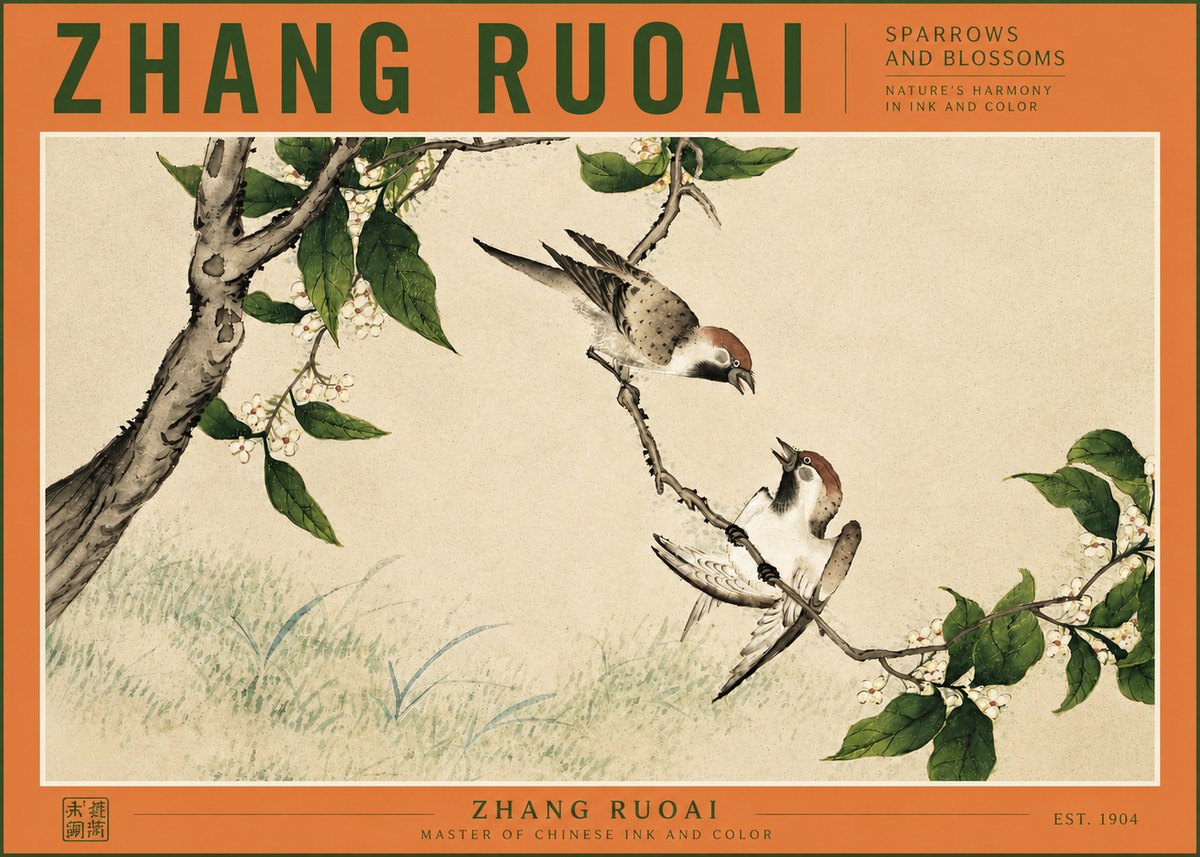 Zhang Ruoai Sparrows and Blossoms No3 - Poster