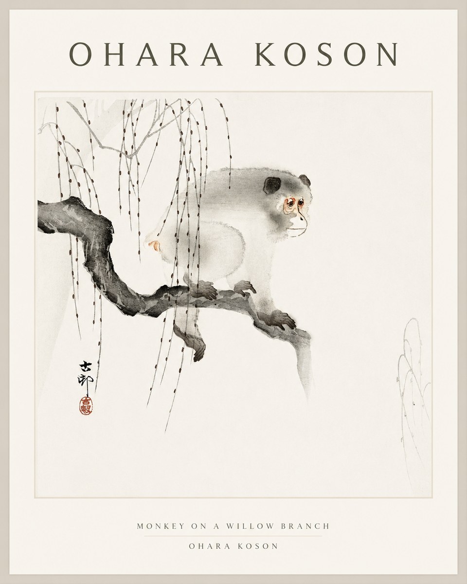 Ohara Koson Monkey on a Willow Branch No1 - Poster