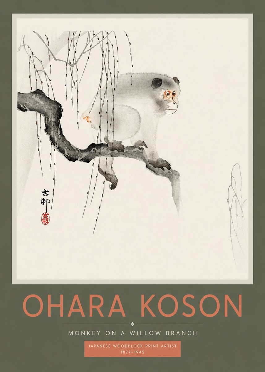 Ohara Koson Monkey on a Willow Branch No2 - Poster