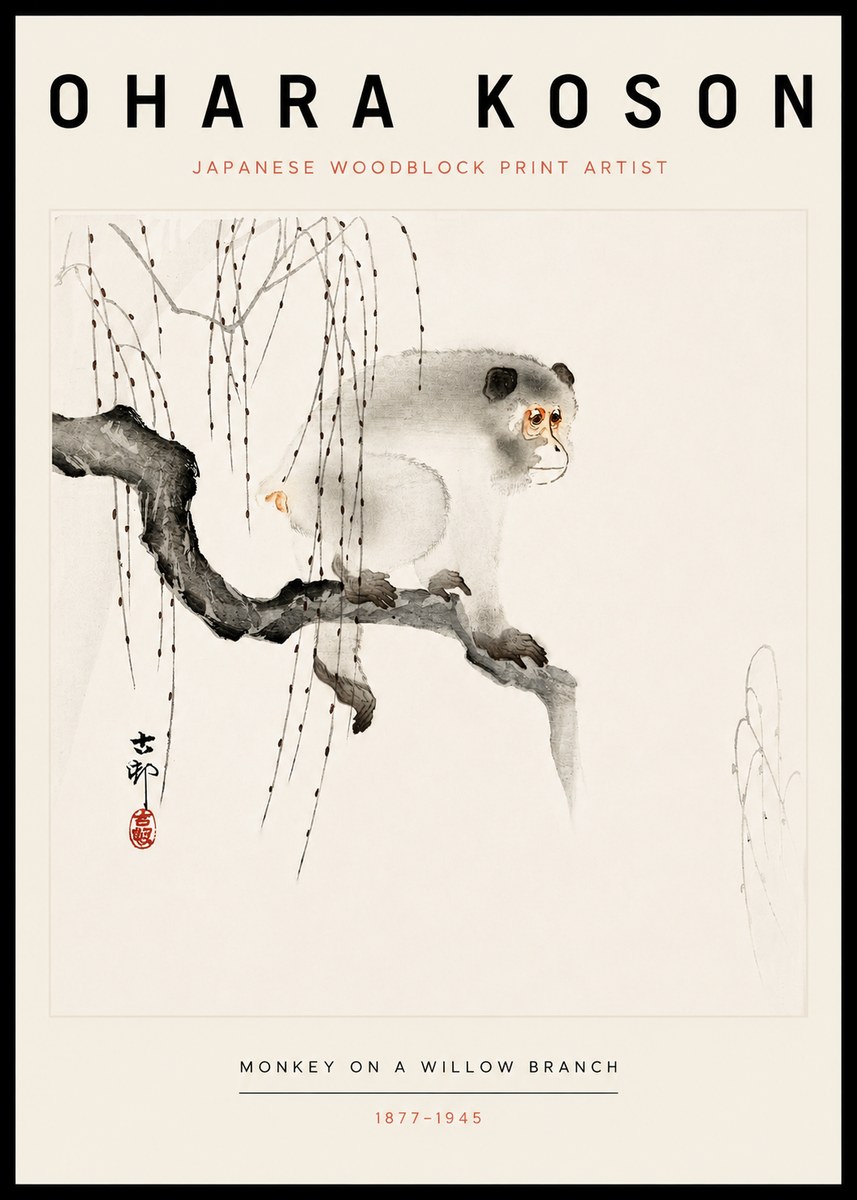 Ohara Koson Monkey on a Willow Branch No3 - Poster