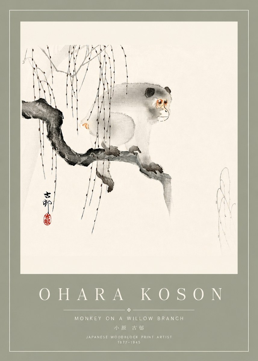 Ohara Koson Monkey on a Willow Branch No4 - Poster