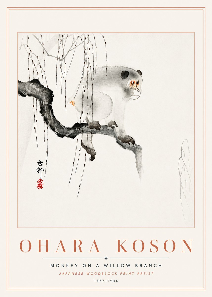 Ohara Koson Monkey on a Willow Branch No6 - Poster