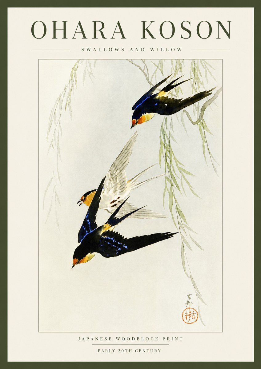 Ohara Koson Swallows and Willow I No3 - Poster