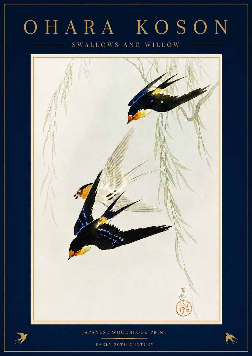 Ohara Koson Swallows and Willow I No5 - Poster