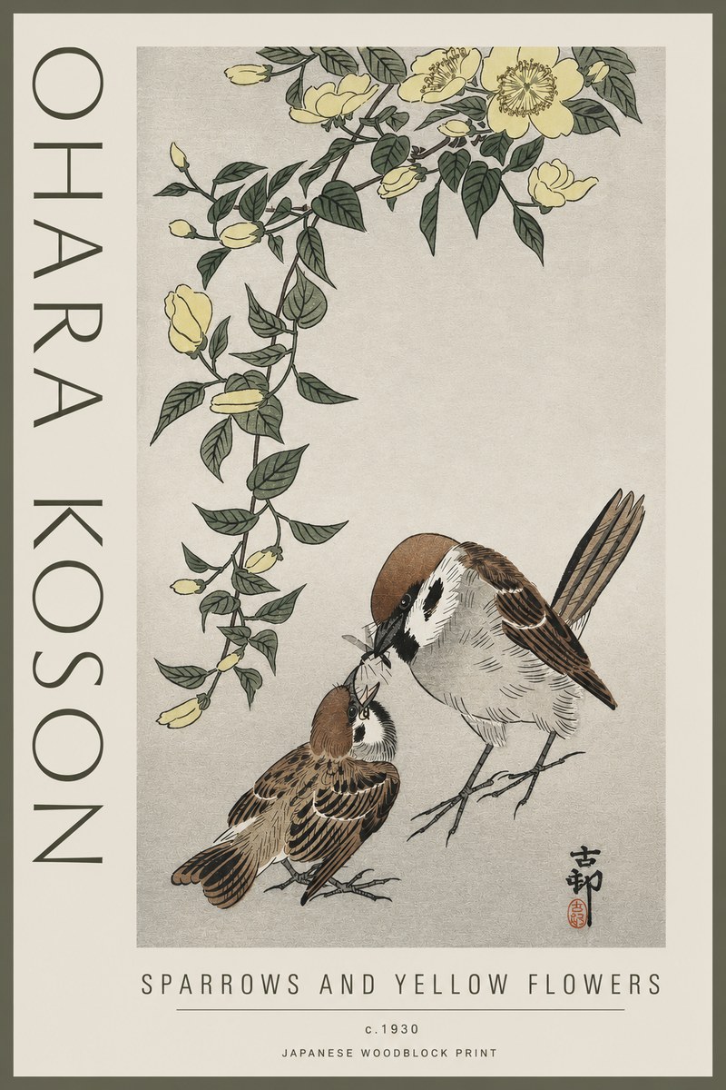 Ohara Koson Sparrows and Yellow Flowers No3 - Poster