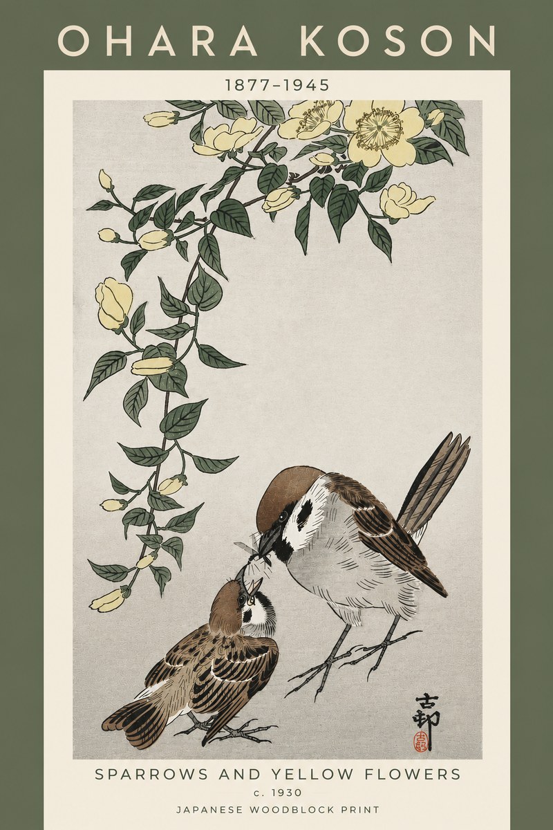 Ohara Koson Sparrows and Yellow Flowers No5 - Poster