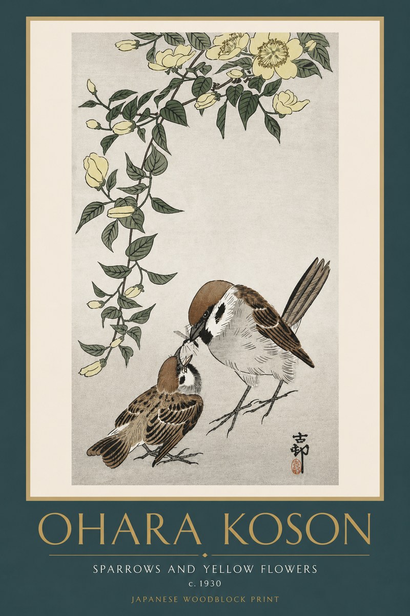 Ohara Koson Sparrows and Yellow Flowers No6 - Poster