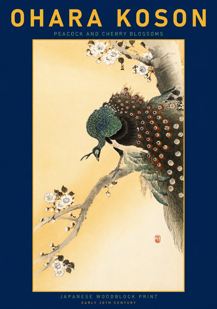 Ohara Koson Peacock and Cherry Blossoms No3 - Poster