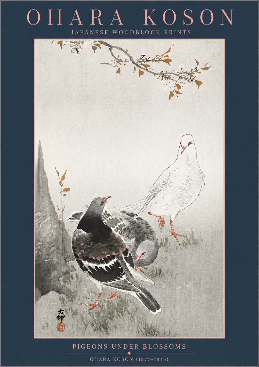 Ohara Koson Pigeons Under Blossoms No4 - Poster
