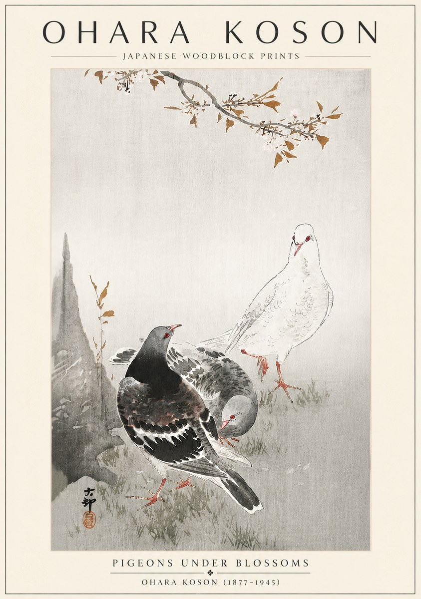 Ohara Koson Pigeons Under Blossoms No6 - Poster