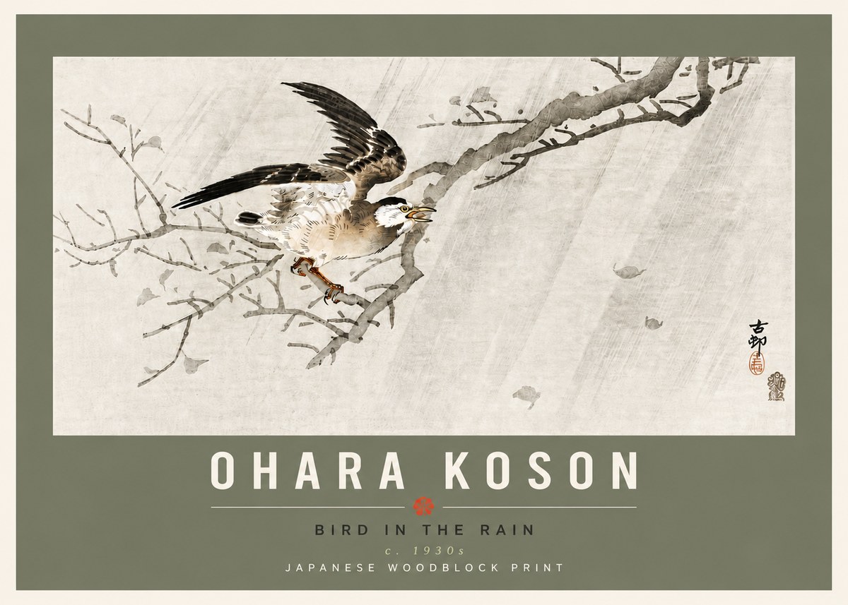 Ohara Koson Bird in the Rain No6 - Poster