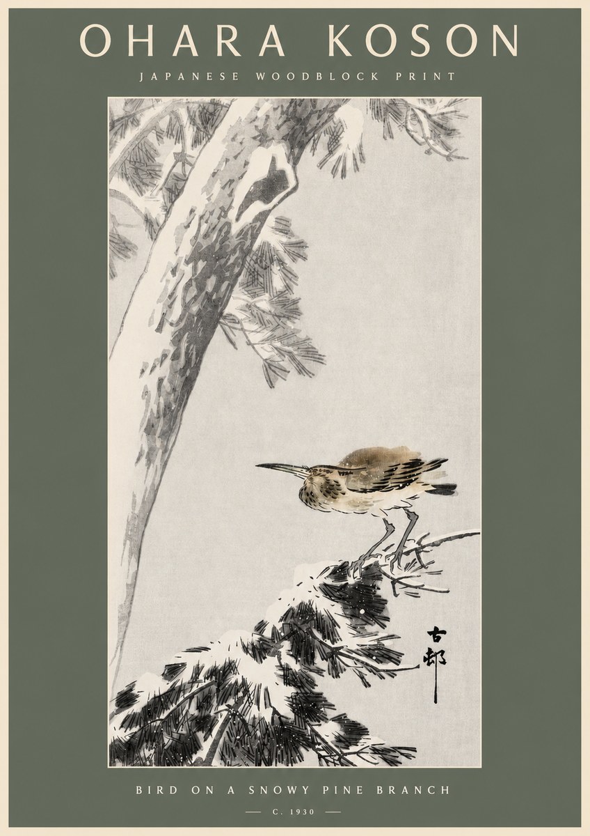 Ohara Koson Bird on a Snowy Pine Branch No2 - Poster