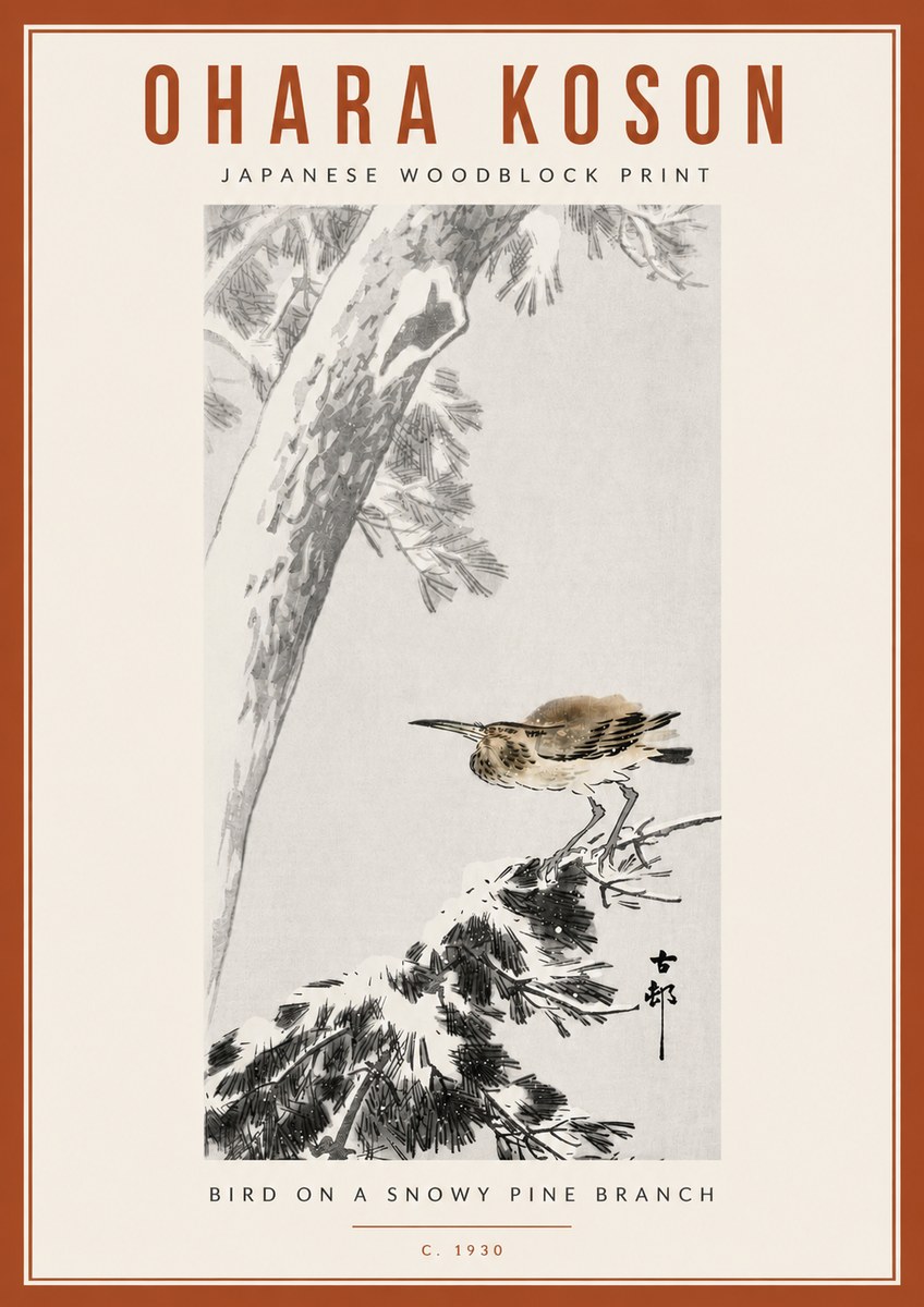 Ohara Koson Bird on a Snowy Pine Branch No6 - Poster