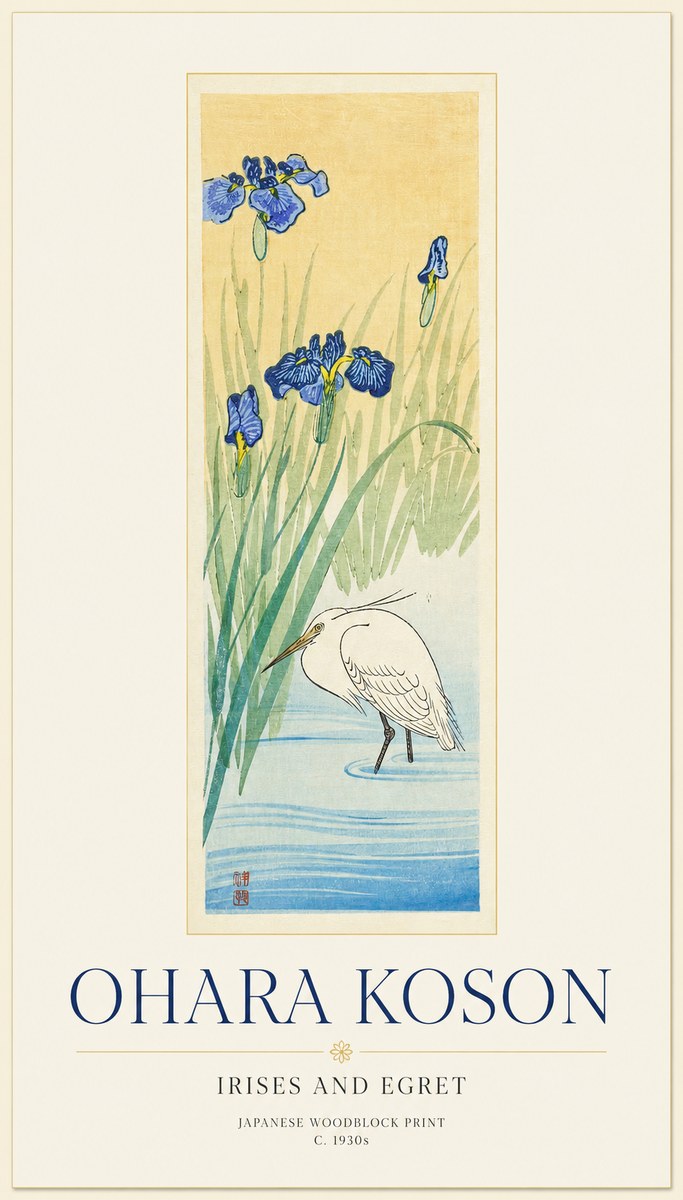 Ohara Koson Irises and Egret No1 - Poster