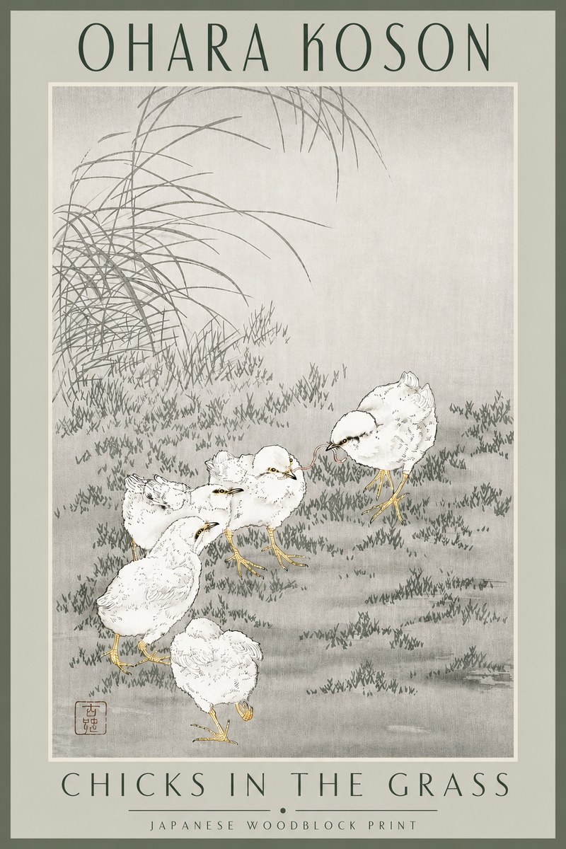 Ohara Koson Chicks in the Grass No3 - Poster