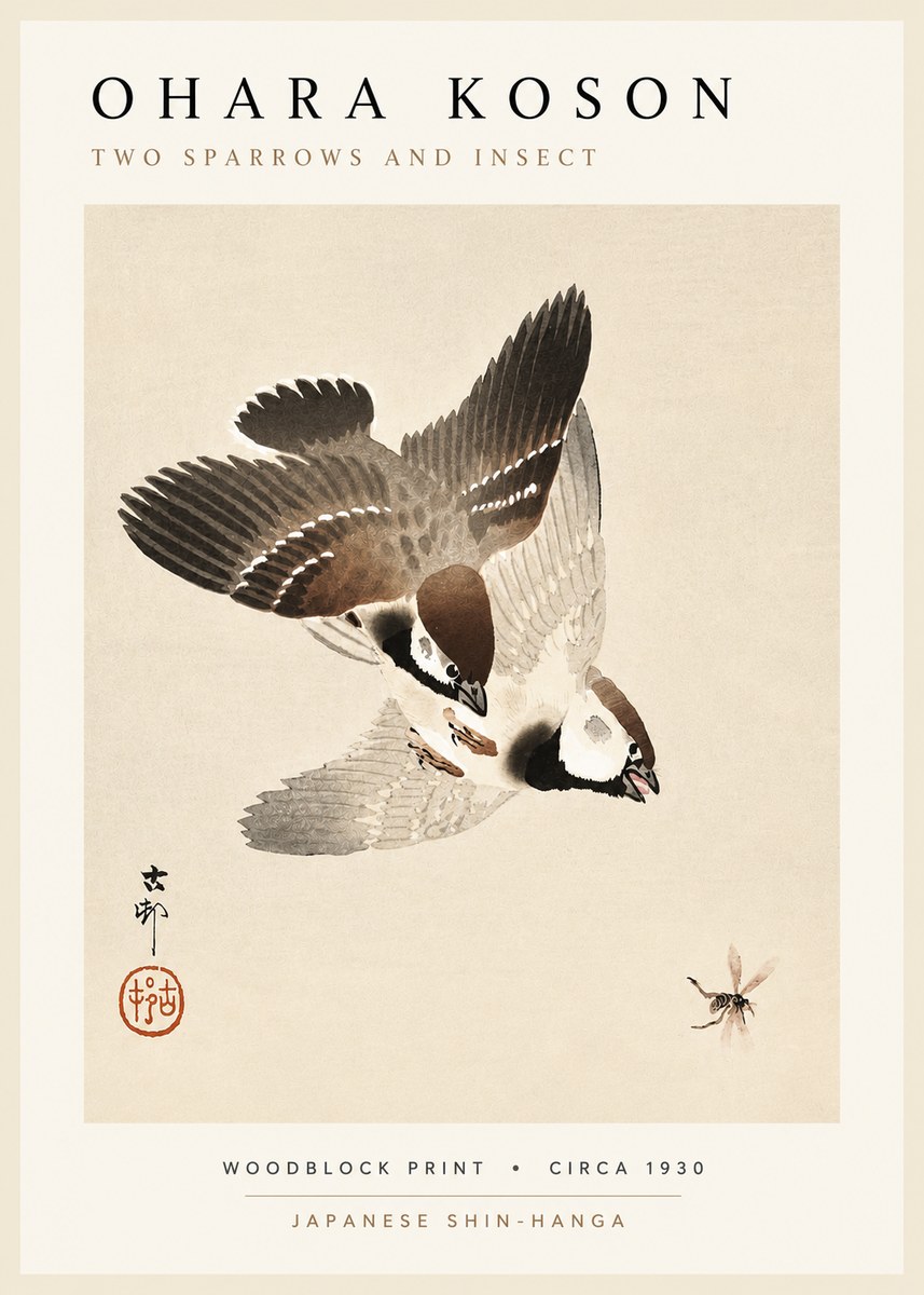 Ohara Koson Two Sparrows and Insect No5 - Poster