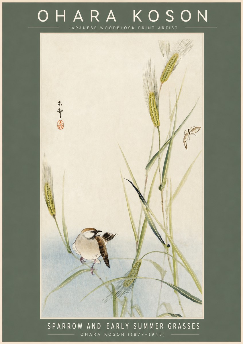 Ohara Koson Sparrow and Early Summer Grasses No2 - Poster