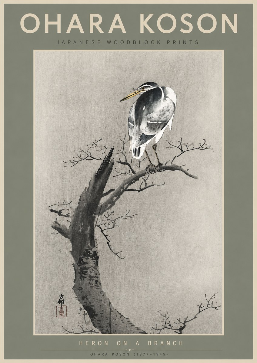 Ohara Koson Heron on a Branch No6 - Poster