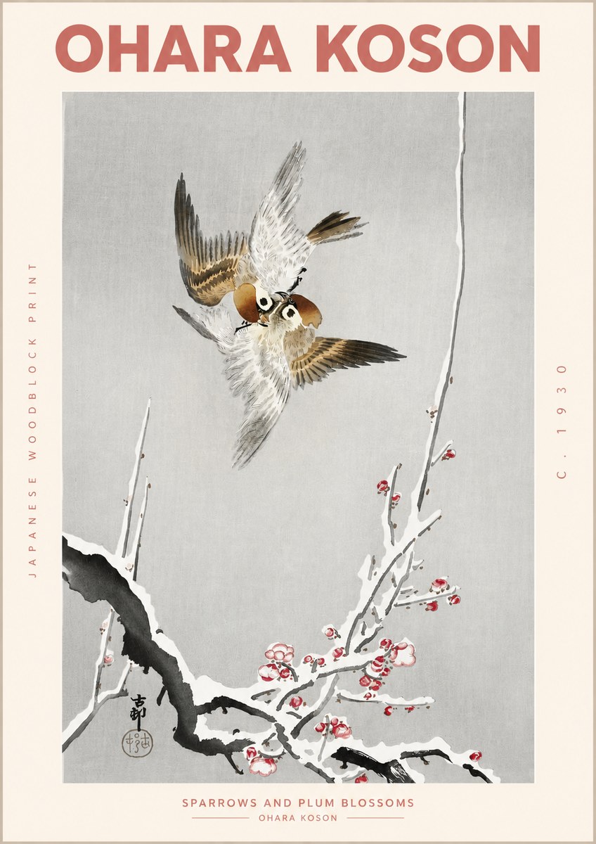 Ohara Koson Sparrows and Plum Blossoms No2 - Poster
