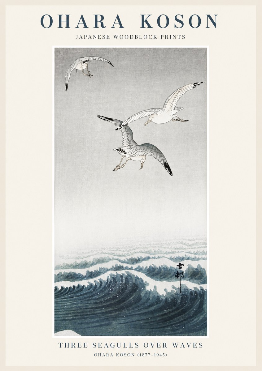 Ohara Koson Three Seagulls over Waves No1 - Poster
