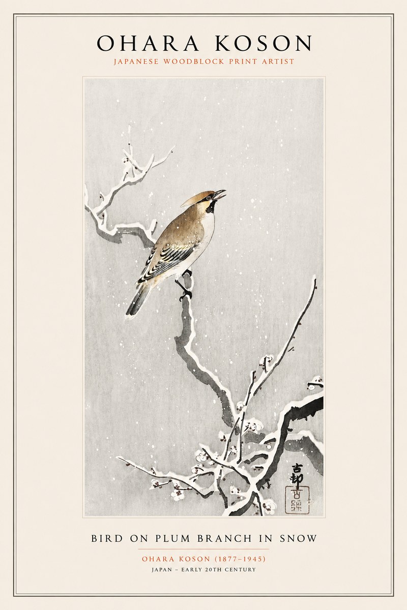 Ohara Koson Bird on Plum Branch in Snow No1 - Poster