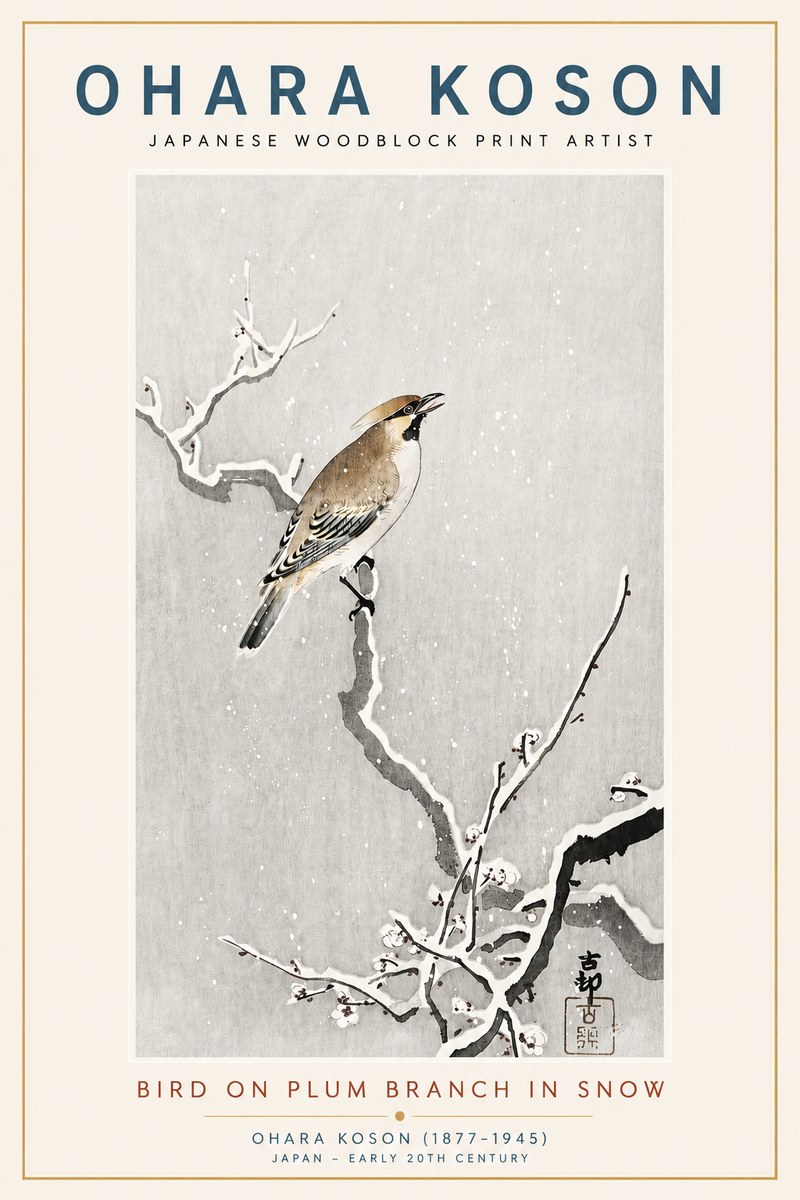 Ohara Koson Bird on Plum Branch in Snow No3 - Poster