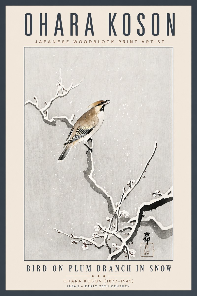 Ohara Koson Bird on Plum Branch in Snow No5 - Poster