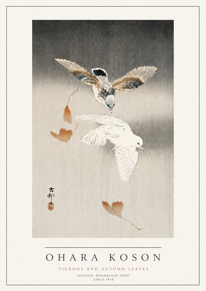 Ohara Koson Pigeons and Autumn Leaves No4 - Poster