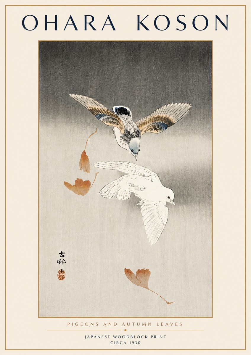 Ohara Koson Pigeons and Autumn Leaves No6 - Poster