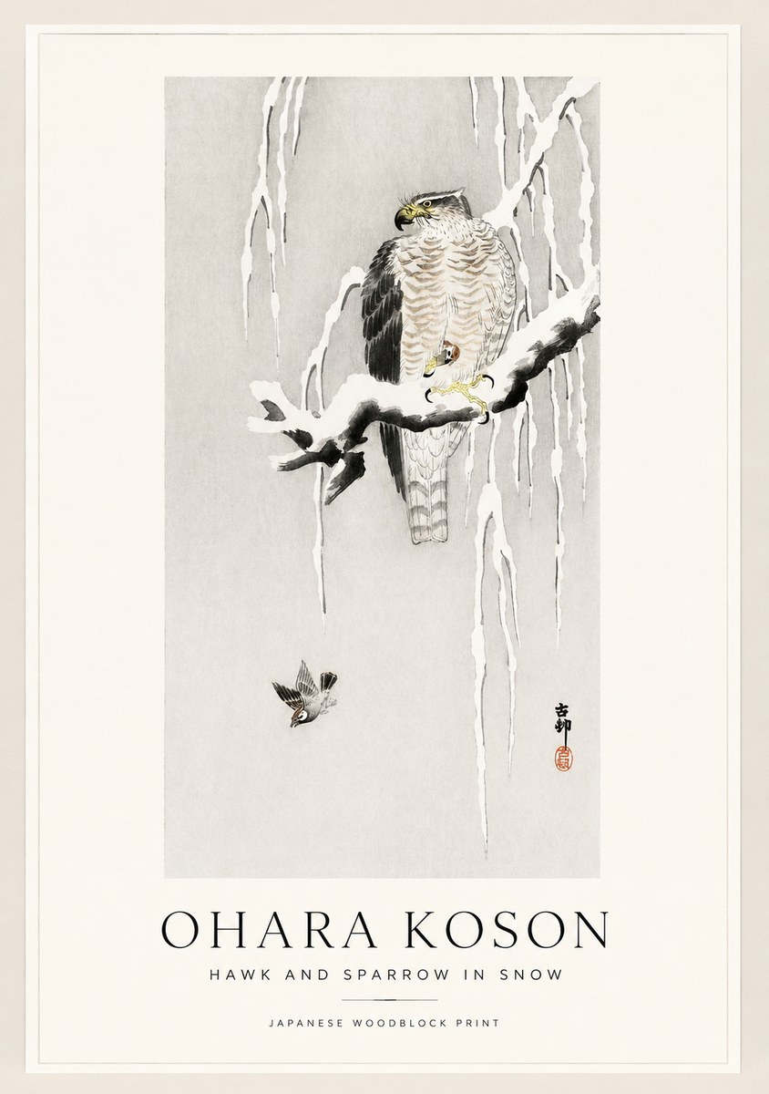 Ohara Koson Hawk and Sparrow in Snow No1 - Poster