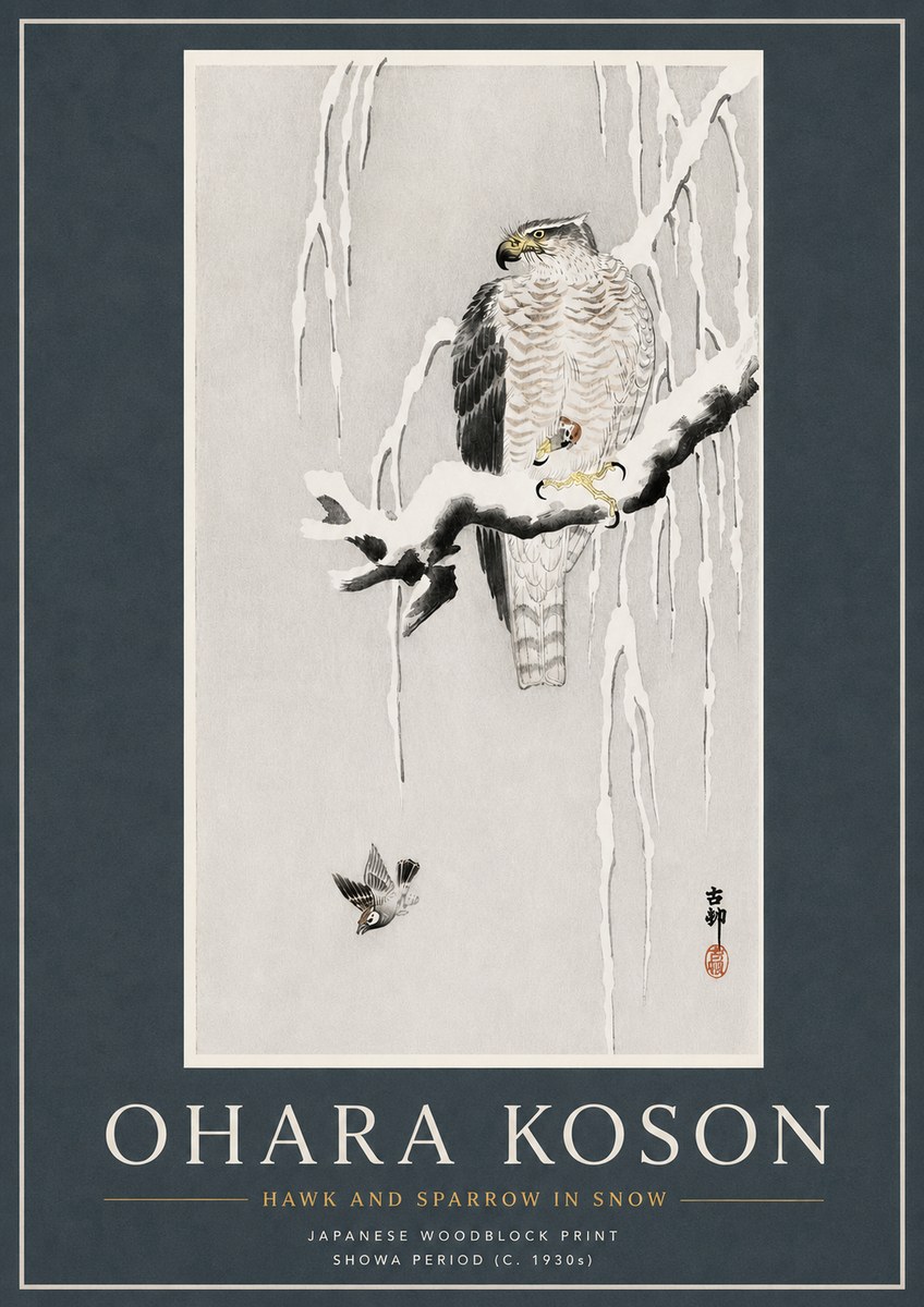 Ohara Koson Hawk and Sparrow in Snow No3 - Poster
