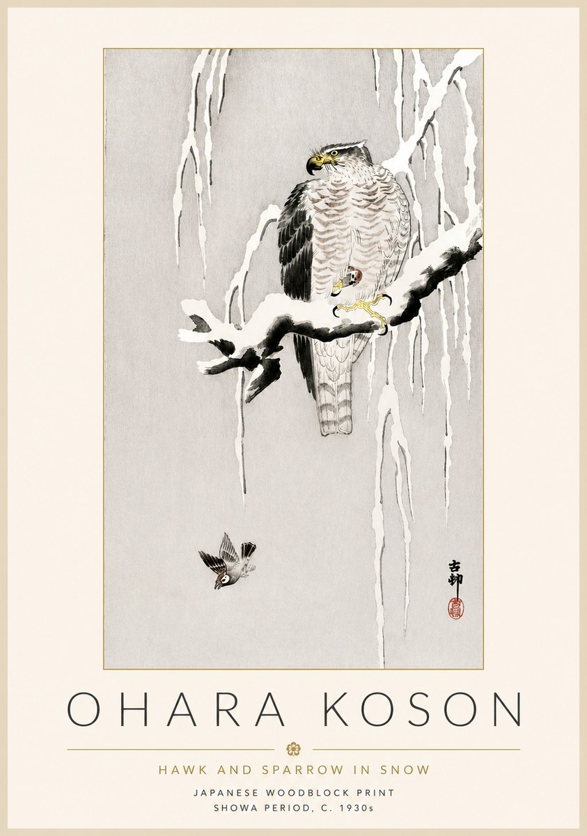 Ohara Koson Hawk and Sparrow in Snow No4 - Poster